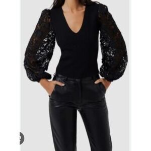 French Connection Black V-Neck Top Ribbed Bodice‎ Floral Lace Balloon Sleeves